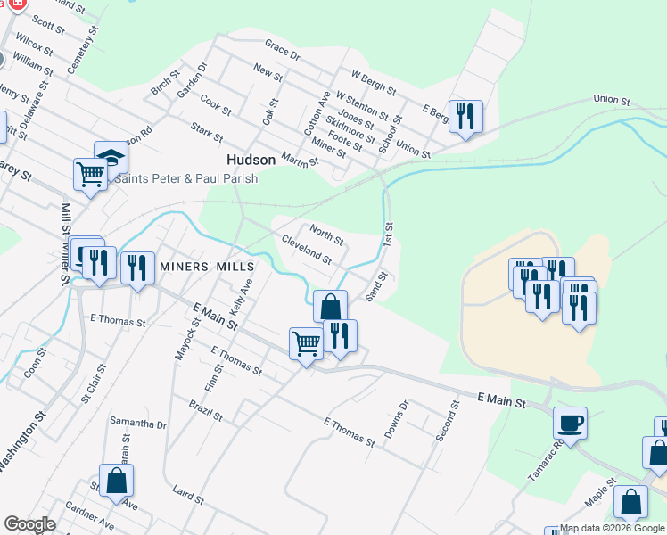 map of restaurants, bars, coffee shops, grocery stores, and more near 52 Cleveland Street in Wilkes-Barre