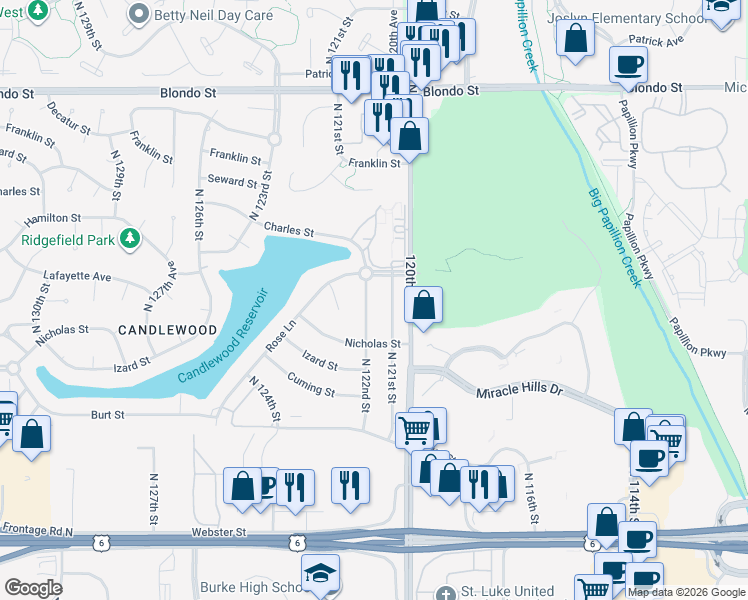 map of restaurants, bars, coffee shops, grocery stores, and more near 1215 North 122nd Street in Omaha