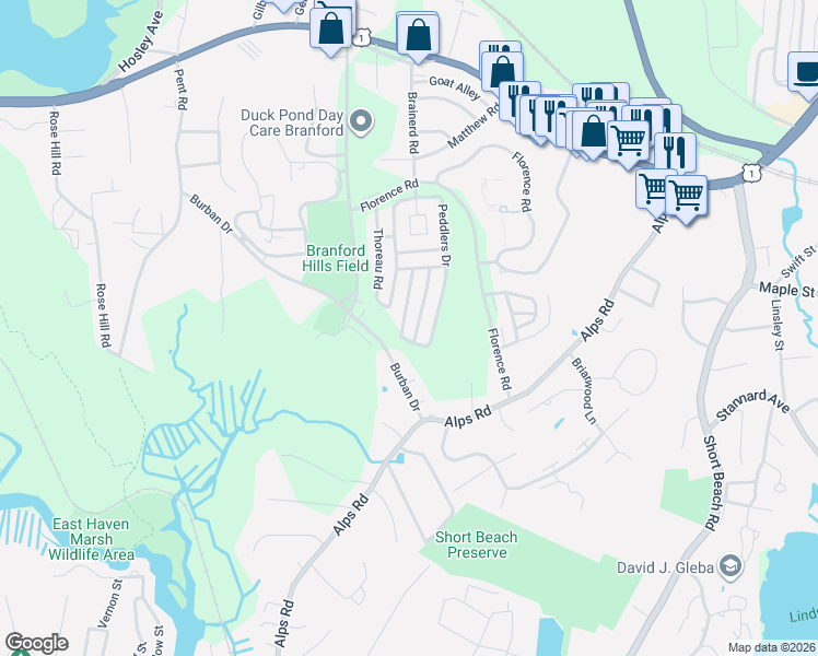 map of restaurants, bars, coffee shops, grocery stores, and more near 726 Robert Frost Drive in Branford