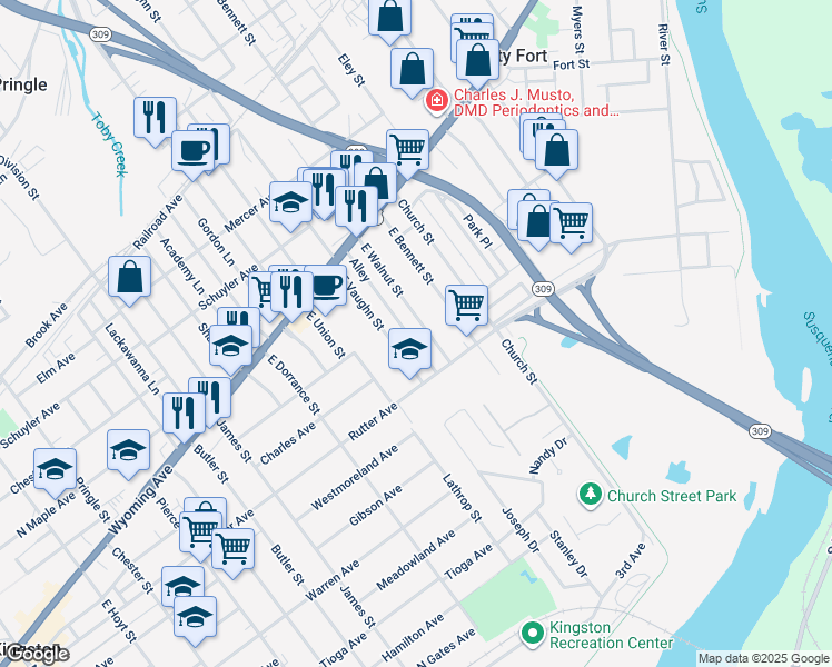 map of restaurants, bars, coffee shops, grocery stores, and more near 115 East Walnut Street in Kingston