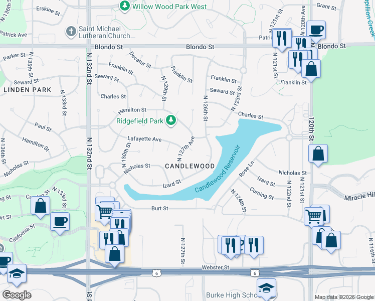 map of restaurants, bars, coffee shops, grocery stores, and more near 1225 North 127th Avenue in Omaha