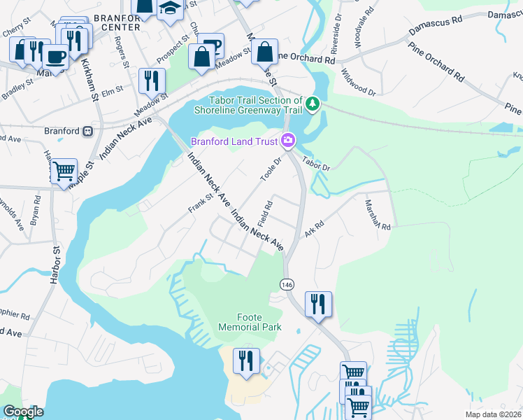 map of restaurants, bars, coffee shops, grocery stores, and more near 6 Field Road in Branford