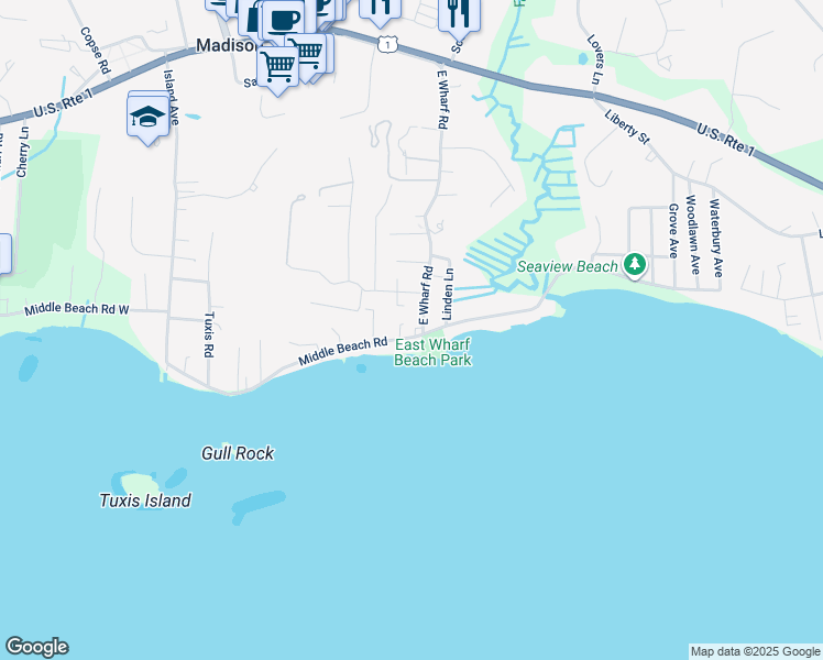 map of restaurants, bars, coffee shops, grocery stores, and more near 113 Middle Beach Road in Madison