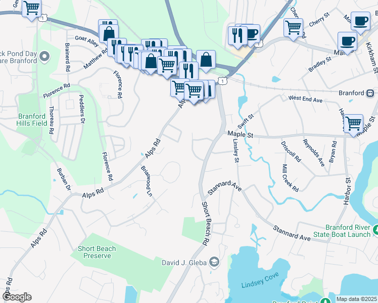 map of restaurants, bars, coffee shops, grocery stores, and more near 38 Kenwood Lane in Branford