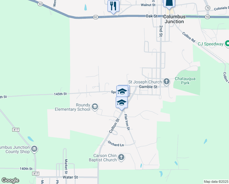 map of restaurants, bars, coffee shops, grocery stores, and more near Springer Avenue in Columbus Junction