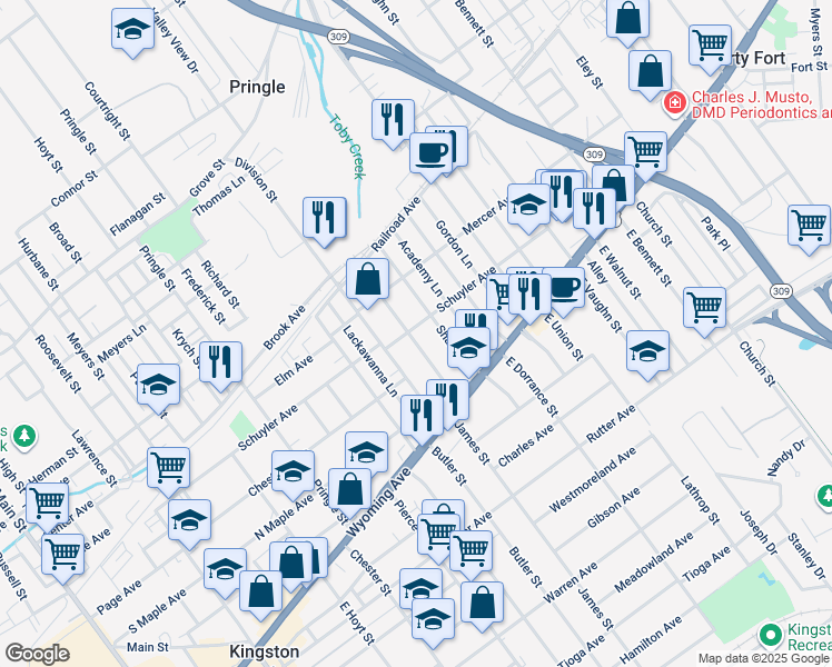 map of restaurants, bars, coffee shops, grocery stores, and more near 79 Poplar Street in Kingston