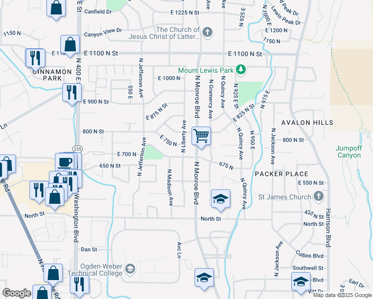 map of restaurants, bars, coffee shops, grocery stores, and more near 736 North Liberty Avenue in Ogden