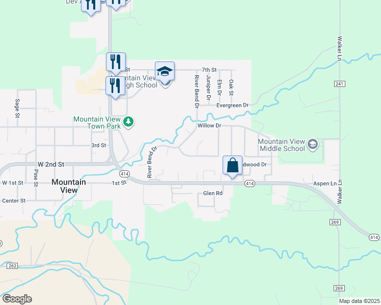 map of restaurants, bars, coffee shops, grocery stores, and more near 435 South Cottonwood Drive in Mountain View