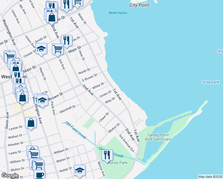 map of restaurants, bars, coffee shops, grocery stores, and more near 92 1st Avenue in West Haven