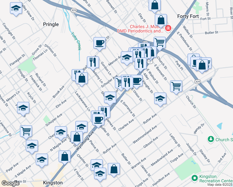 map of restaurants, bars, coffee shops, grocery stores, and more near 10 West Dorrance Street in Kingston