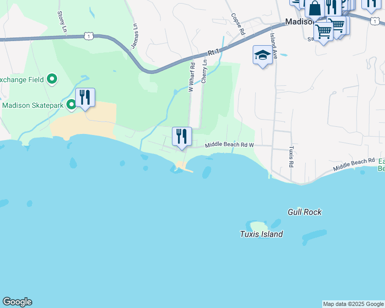map of restaurants, bars, coffee shops, grocery stores, and more near 73 Middle Beach Road West in Madison