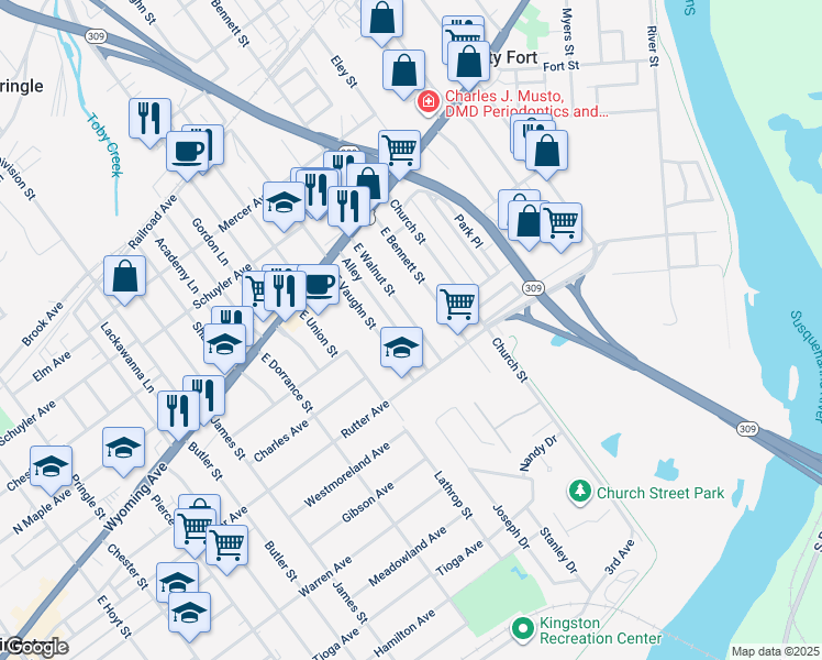 map of restaurants, bars, coffee shops, grocery stores, and more near 115 East Walnut Street in Kingston