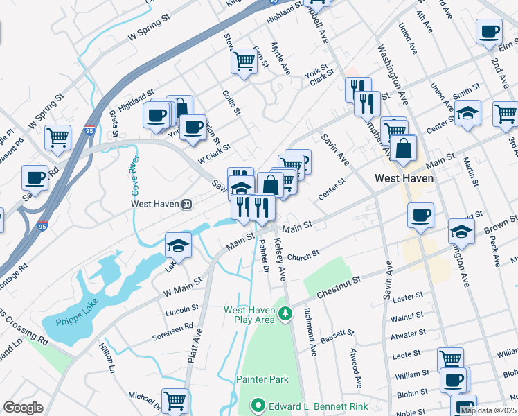 map of restaurants, bars, coffee shops, grocery stores, and more near 726 Elm Street in West Haven