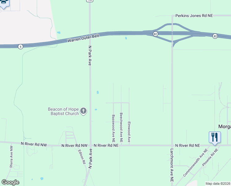 map of restaurants, bars, coffee shops, grocery stores, and more near 3856 Basswood Avenue Northeast in Warren