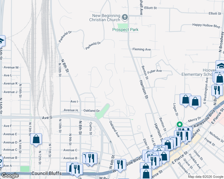 map of restaurants, bars, coffee shops, grocery stores, and more near 1020 Oak Park Road in Council Bluffs