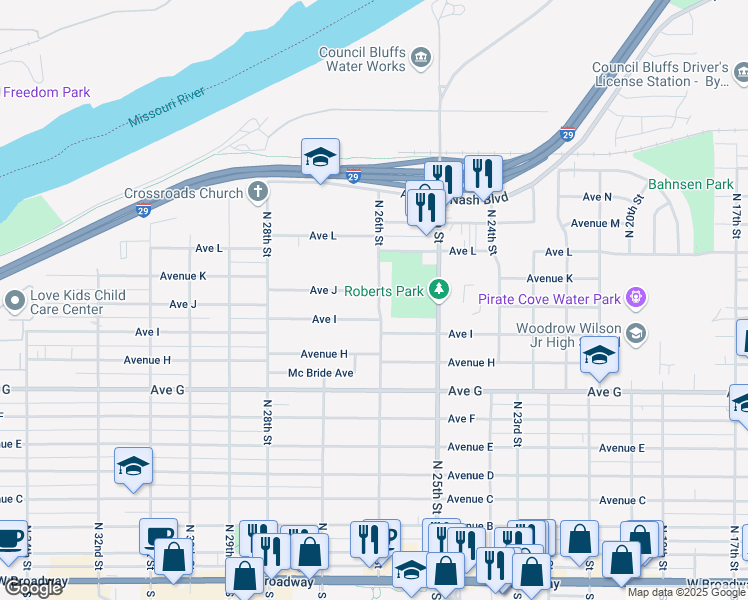 map of restaurants, bars, coffee shops, grocery stores, and more near 920 North 26th Street in Council Bluffs