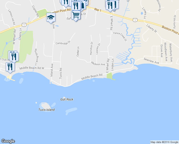 map of restaurants, bars, coffee shops, grocery stores, and more near 81A Middle Beach Road in Madison