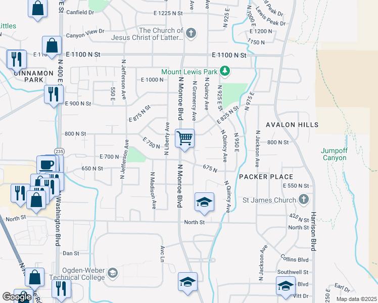 map of restaurants, bars, coffee shops, grocery stores, and more near 827 East 760 North in Ogden