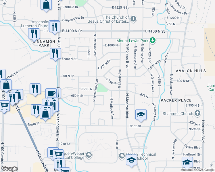 map of restaurants, bars, coffee shops, grocery stores, and more near 705 East 750 North in Ogden