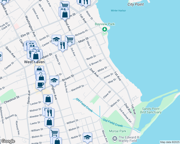 map of restaurants, bars, coffee shops, grocery stores, and more near 12 Brown Street in West Haven