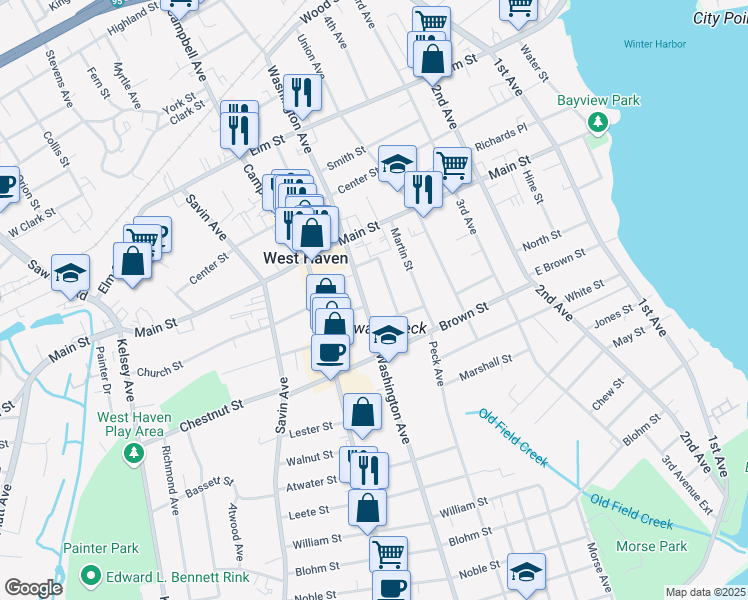 map of restaurants, bars, coffee shops, grocery stores, and more near in West Haven