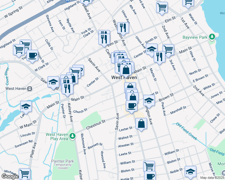map of restaurants, bars, coffee shops, grocery stores, and more near 299 Main Street in West Haven