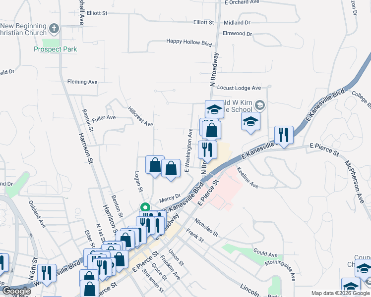 map of restaurants, bars, coffee shops, grocery stores, and more near 1041 East Washington Avenue in Council Bluffs