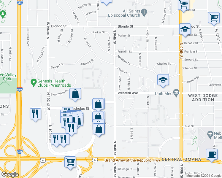 map of restaurants, bars, coffee shops, grocery stores, and more near 1212 North 96th Street in Omaha