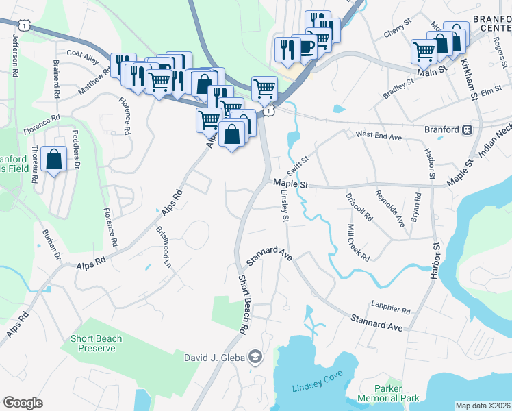 map of restaurants, bars, coffee shops, grocery stores, and more near 20 Kelly Crest Road in Branford