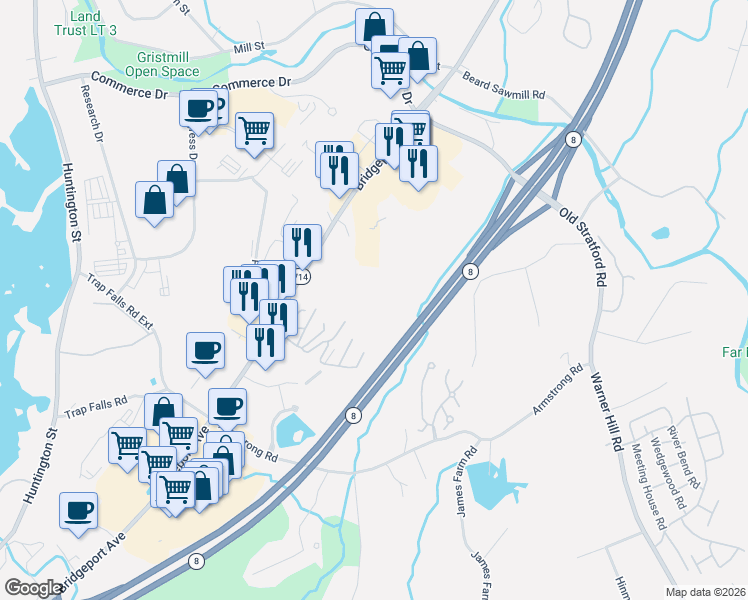 map of restaurants, bars, coffee shops, grocery stores, and more near 7 Acadia Lane in Shelton
