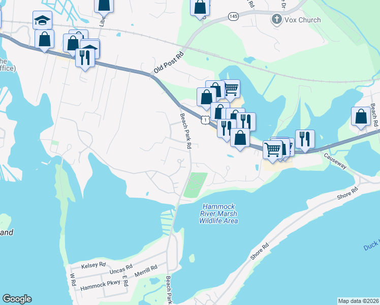 map of restaurants, bars, coffee shops, grocery stores, and more near 44 Beach Park Road in Clinton