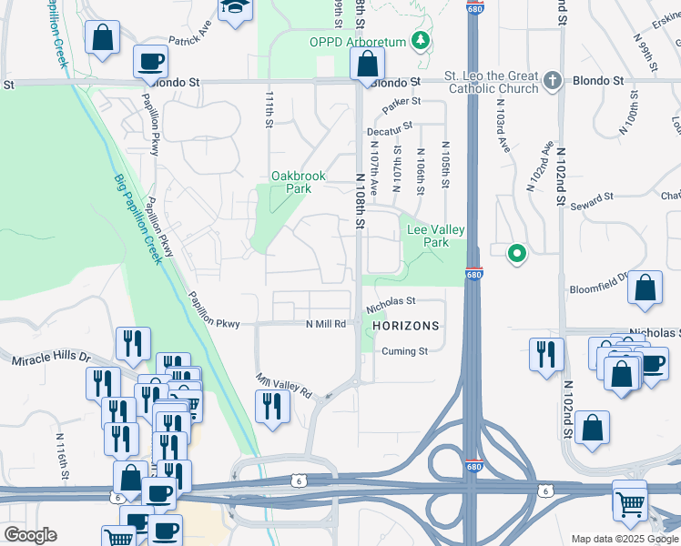 map of restaurants, bars, coffee shops, grocery stores, and more near 1304 North 109th Plaza in Omaha