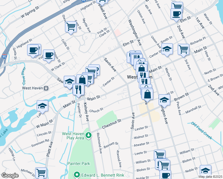 map of restaurants, bars, coffee shops, grocery stores, and more near 449 Main Street in West Haven