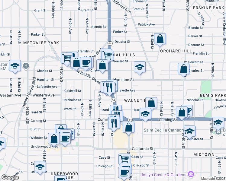map of restaurants, bars, coffee shops, grocery stores, and more near 4629 Lafayette Avenue in Omaha