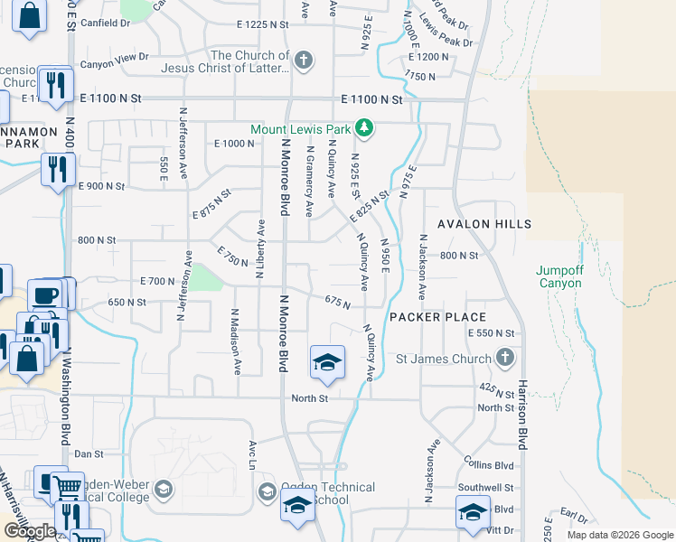 map of restaurants, bars, coffee shops, grocery stores, and more near 893 East 760 North in Ogden