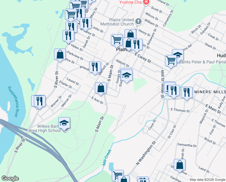 map of restaurants, bars, coffee shops, grocery stores, and more near 15 Farrell Lane in Wilkes-Barre