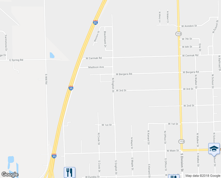 map of restaurants, bars, coffee shops, grocery stores, and more near 406 North English Street in Braidwood
