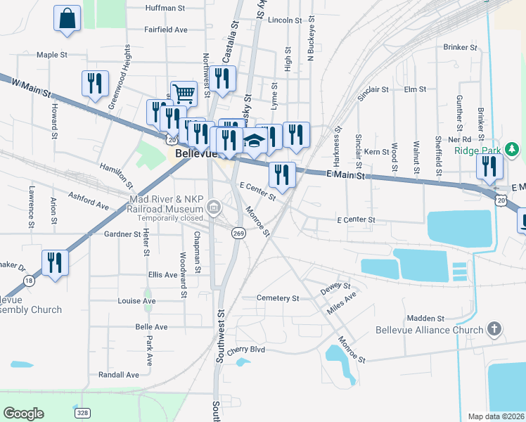 map of restaurants, bars, coffee shops, grocery stores, and more near 221 Broad Street in Bellevue