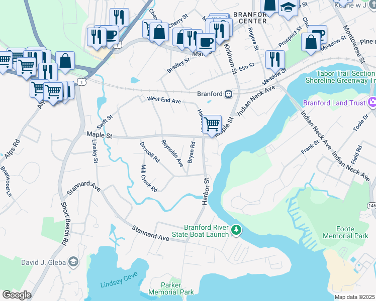 map of restaurants, bars, coffee shops, grocery stores, and more near 25 Bryan Road in Branford
