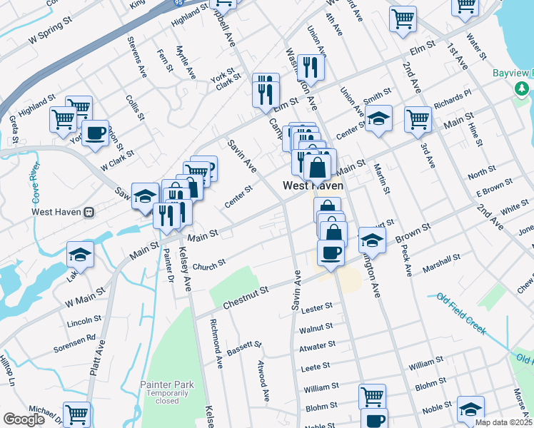 map of restaurants, bars, coffee shops, grocery stores, and more near 426 Main Street in West Haven