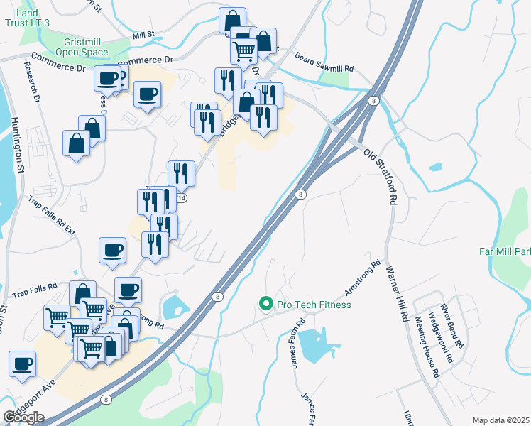 map of restaurants, bars, coffee shops, grocery stores, and more near 46 Hemlock Drive in Shelton