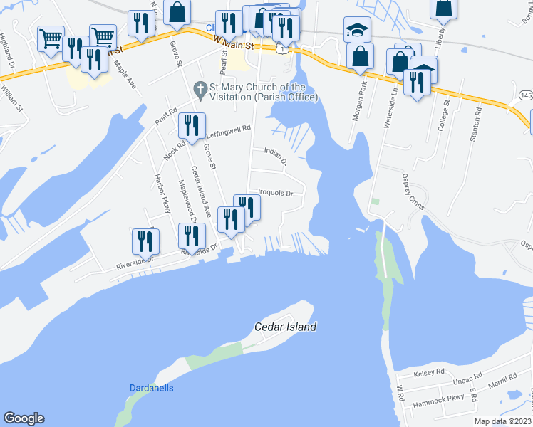 map of restaurants, bars, coffee shops, grocery stores, and more near 114 Commerce Street in Clinton