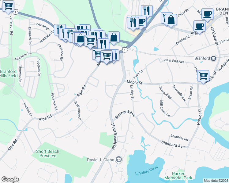 map of restaurants, bars, coffee shops, grocery stores, and more near 20 Kelly Crest Road in Branford