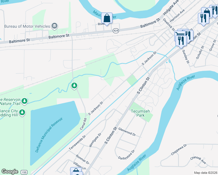 map of restaurants, bars, coffee shops, grocery stores, and more near 1465 Lee Ann Drive in Defiance