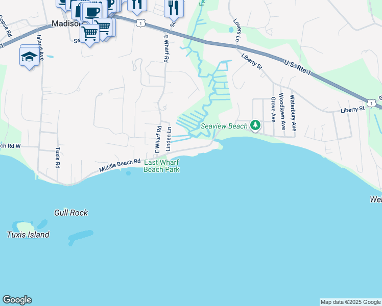 map of restaurants, bars, coffee shops, grocery stores, and more near 152 Middle Beach Road in Madison