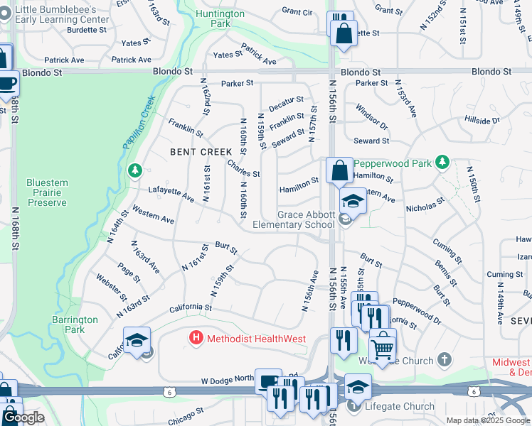 map of restaurants, bars, coffee shops, grocery stores, and more near 1205 N 159th St in Omaha