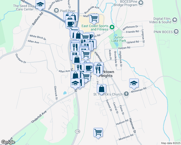 map of restaurants, bars, coffee shops, grocery stores, and more near 1813 Commerce Street in Yorktown Heights