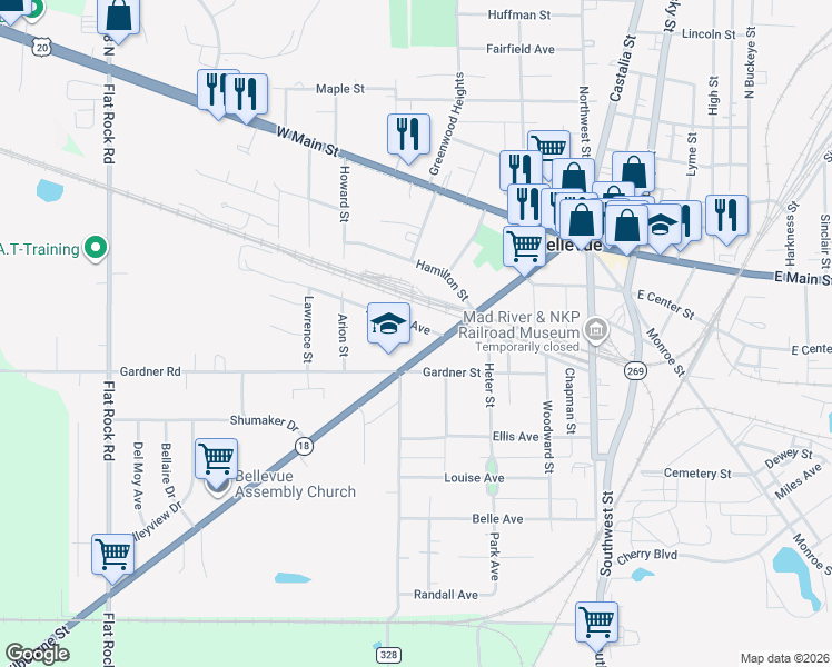 map of restaurants, bars, coffee shops, grocery stores, and more near 127 Ashford Avenue in Bellevue