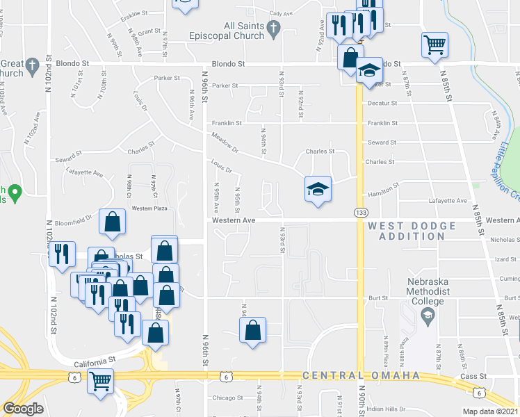 map of restaurants, bars, coffee shops, grocery stores, and more near 9330 Western Avenue in Omaha