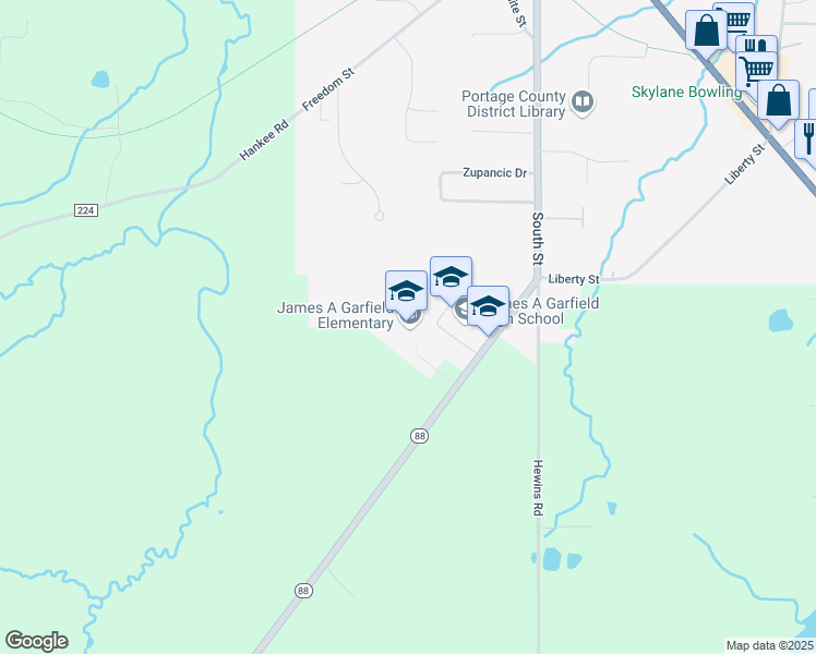 map of restaurants, bars, coffee shops, grocery stores, and more near 10207 Ohio 88 in Garrettsville